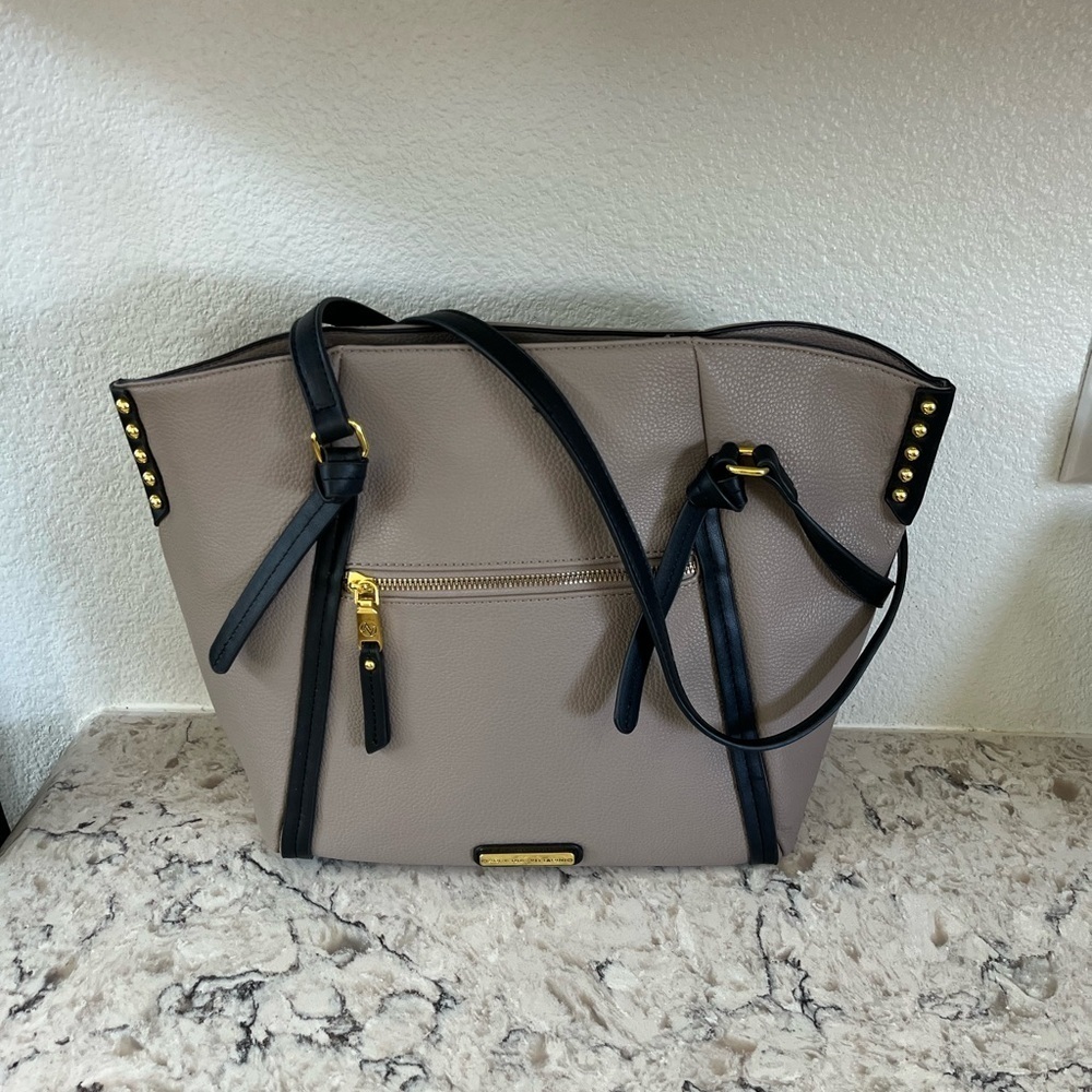 Adrienne Vittadini Tan and Black Tote Bag with Gold Hardware